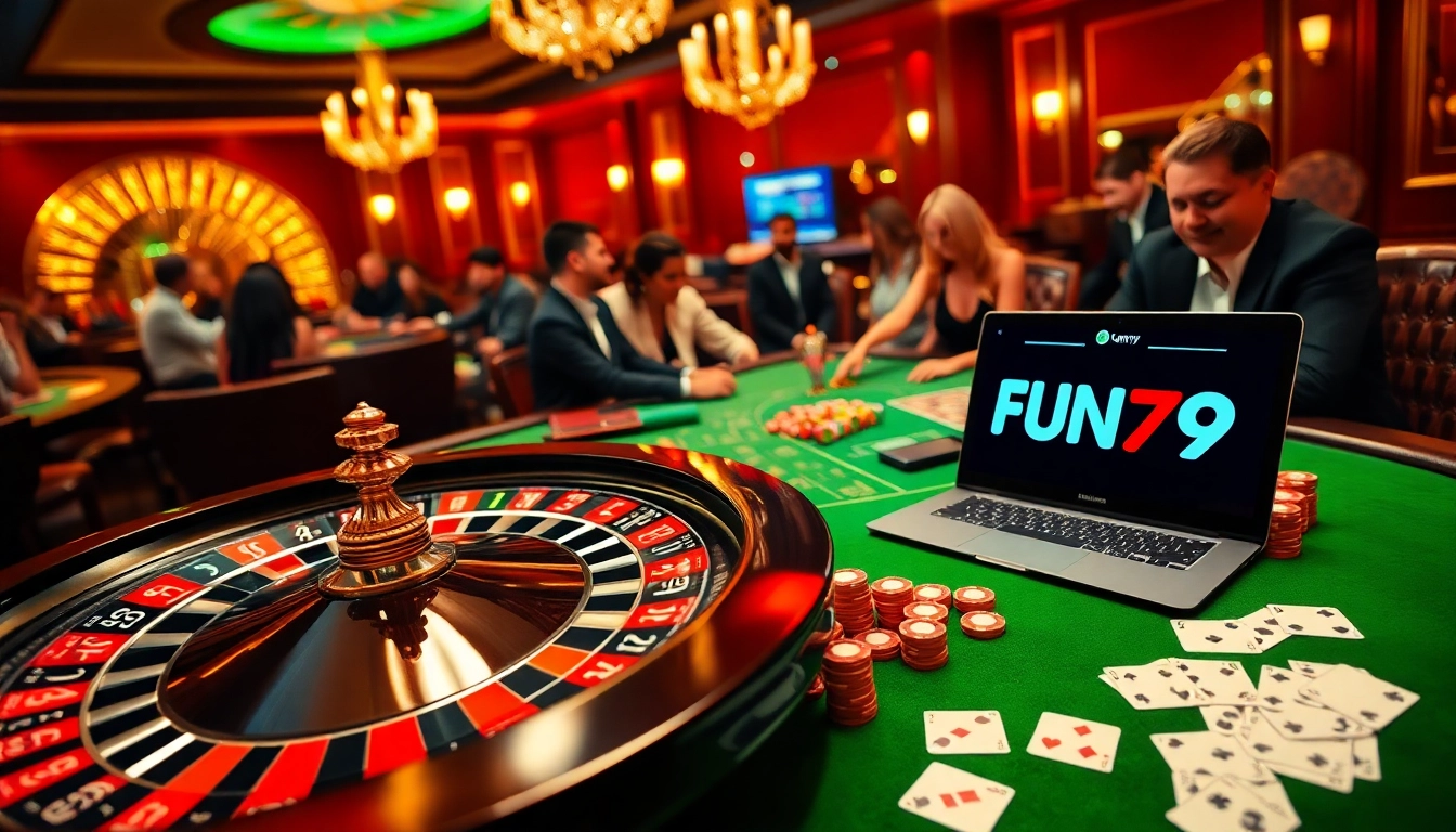 Engage with FUN79 casino excitement featuring poker chips, a roulette wheel, and cards.