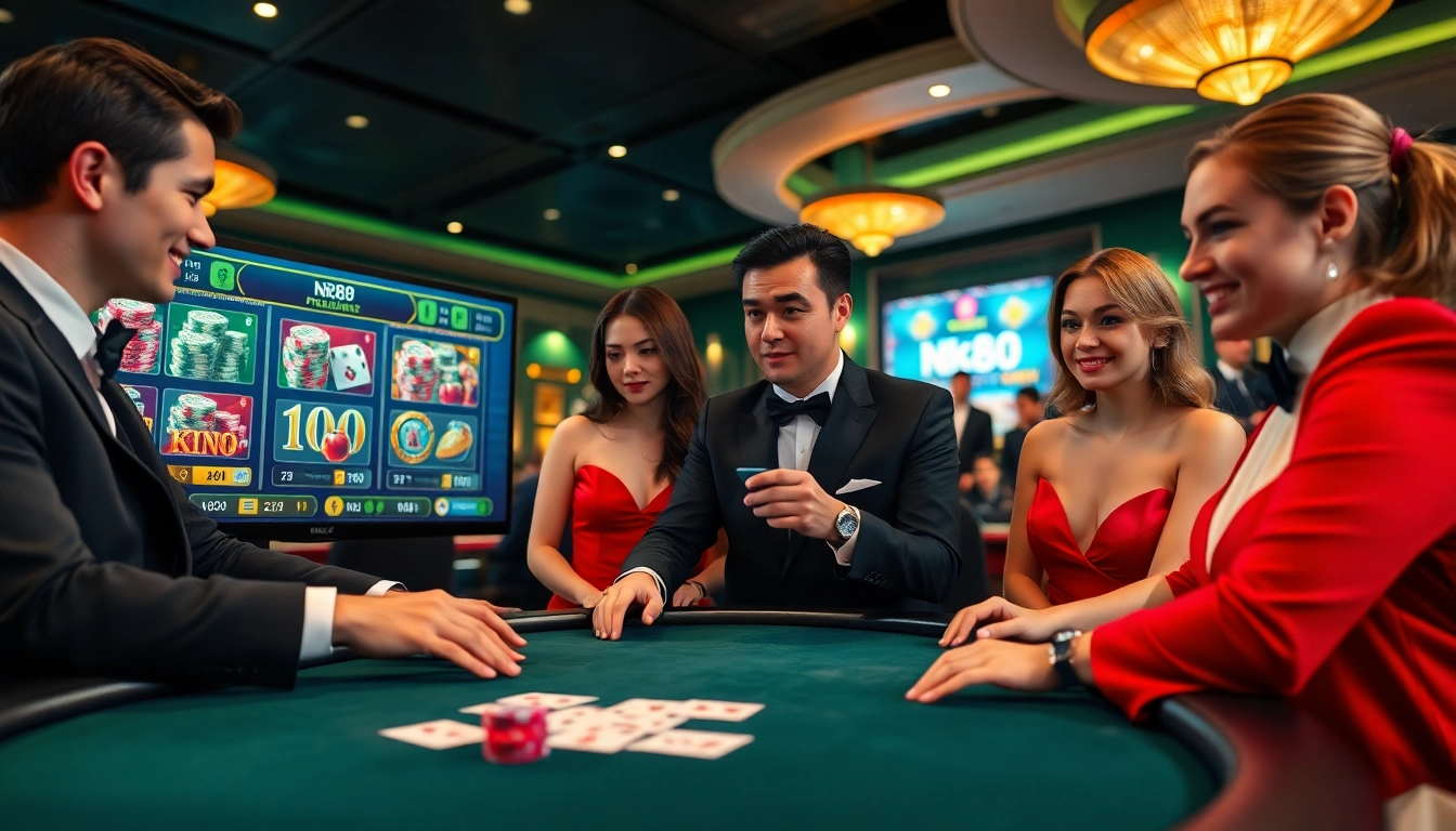 NK88 players strategizing at a luxurious online casino table with vibrant cards and chips.