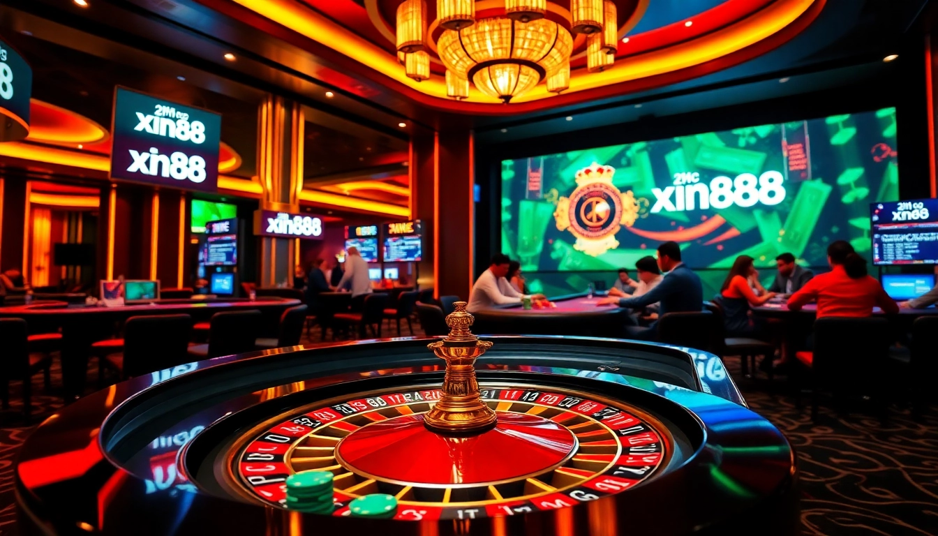 Experience the latest in tin tức xn88 with vibrant casino visuals, showcasing poker chips, roulette wheels, and players in action.