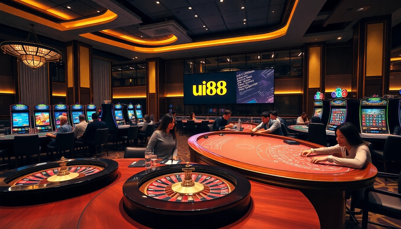 Players enjoying games at uu88 casino with vibrant slot machines and roulette table.