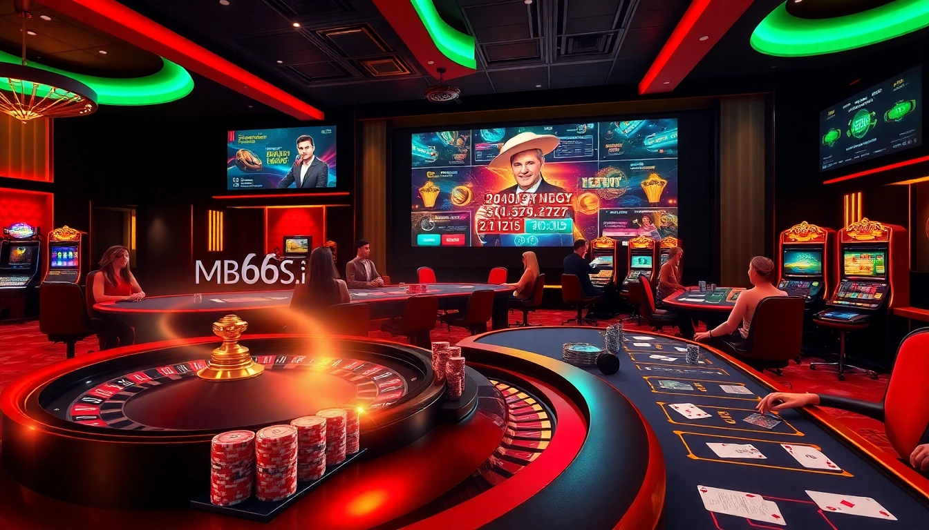 Experience thrilling gambling action at https://mb66.ski/ with vibrant casino tables and players engaged in high stakes games.