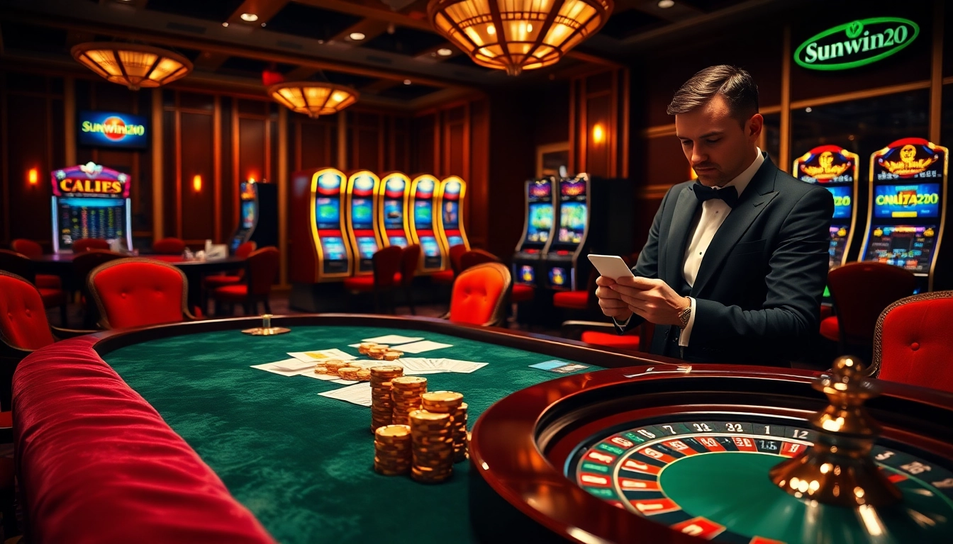Experience the excitement of sunwin20 at a luxurious casino with poker and roulette tables.