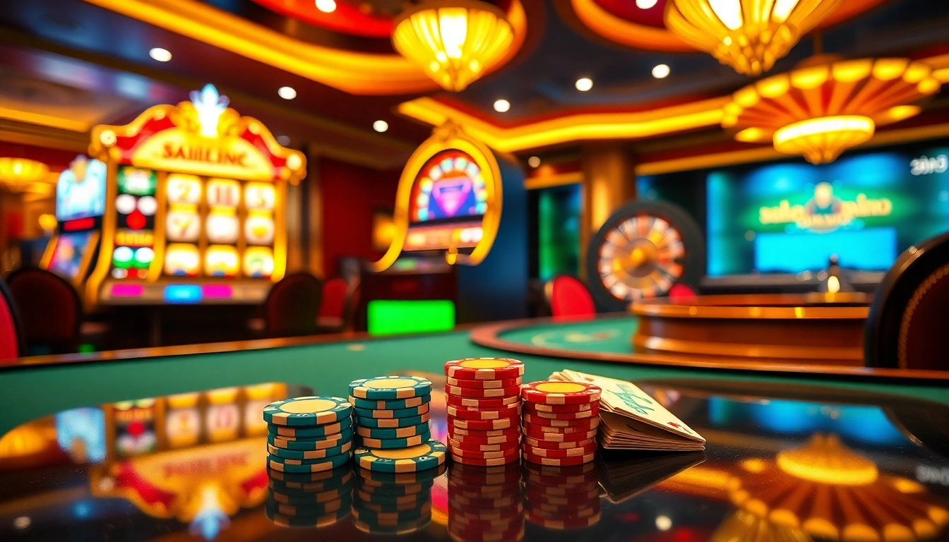 Engage with thrilling casino excitement at 98win1, featuring poker chips and vibrant slot machines.