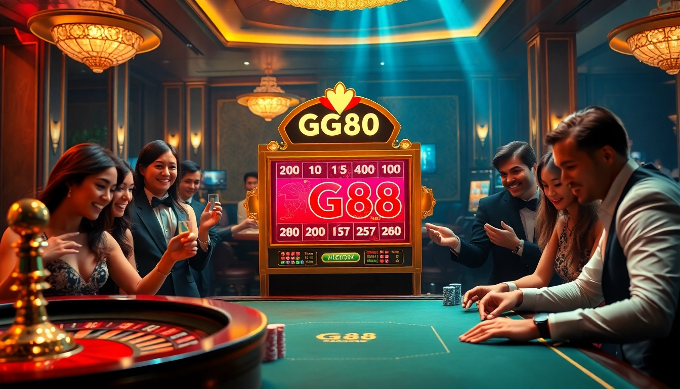 Players enjoying a thrilling game at the GG88 slot machine in a luxurious casino atmosphere.