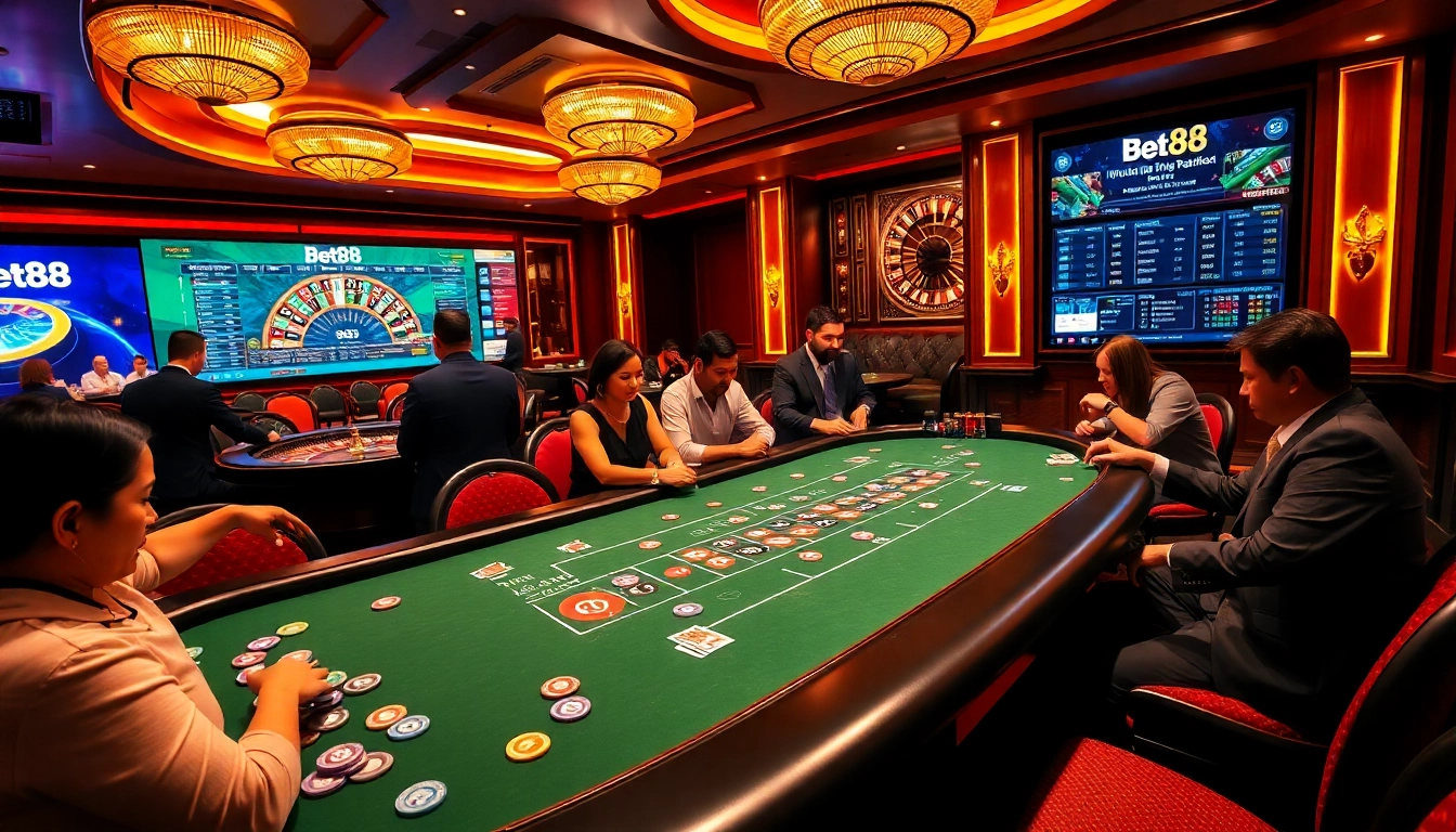 Bet88 casino setup featuring a poker table and roulette wheel, showcasing thrilling gameplay.