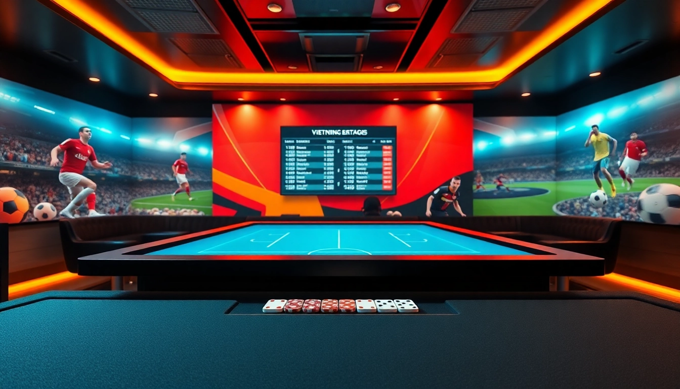 Engage in kèo bóng đá việt nam betting at a luxury football betting table with glowing odds.