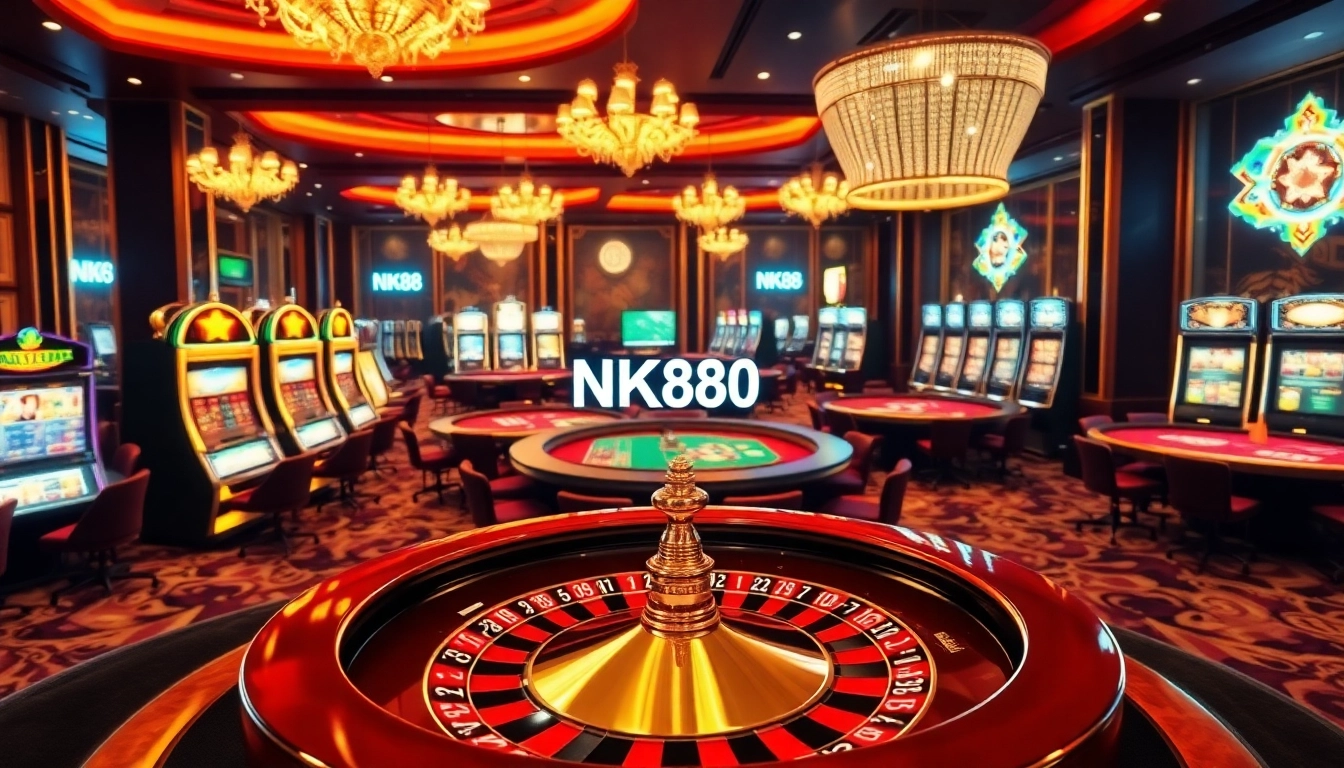 Experience the thrill of NK88 in a luxurious casino, featuring vibrant tables and slot machines.