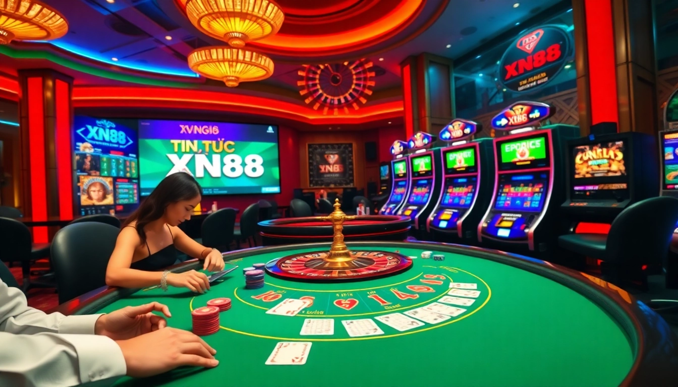 Engage with 'tin tức xn88' in a lively casino setting featuring poker tables, roulette wheels, and vibrant online gambling displays.