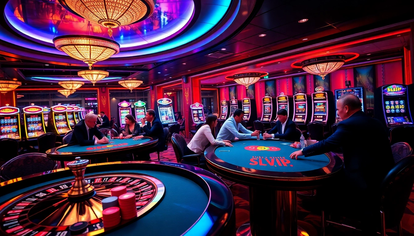 Engaging casino gameplay scene featuring SLVIP branding on tables with diverse players enjoying their bets.