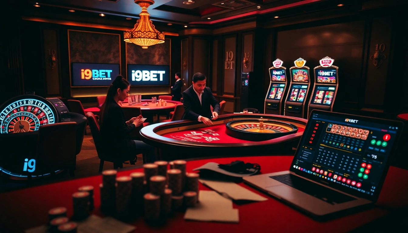 I9BET casino setup featuring vibrant tables, cards, and stylish gaming elements.