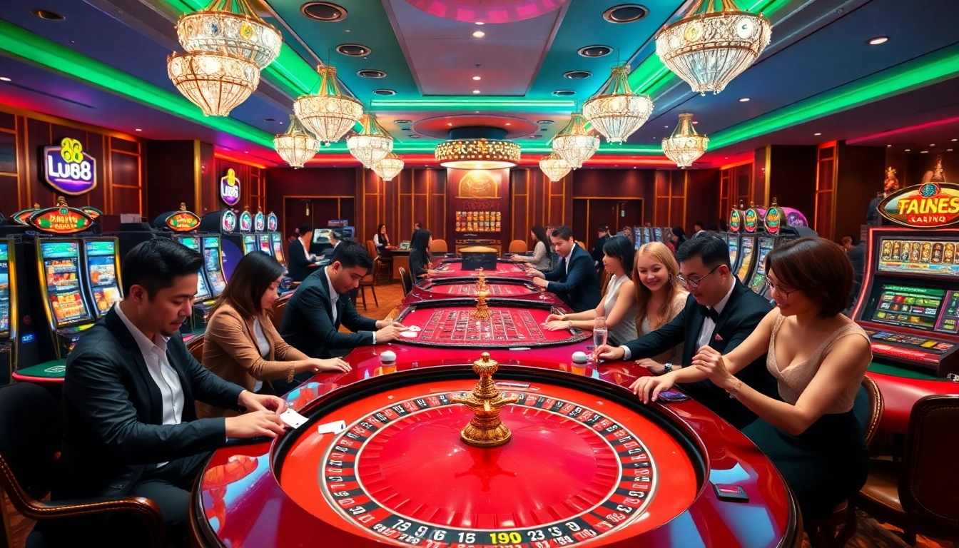 Players enjoying thrilling games at Lu88 casino, including roulette and slots, in a vibrant gaming atmosphere.