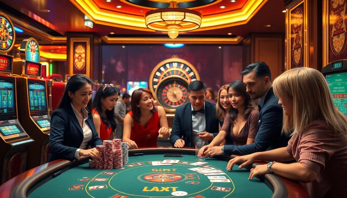 A vibrant casino scene showcasing enthusiastic players engaging with games at https://2haywin.art/, featuring poker chips and a roulette wheel.