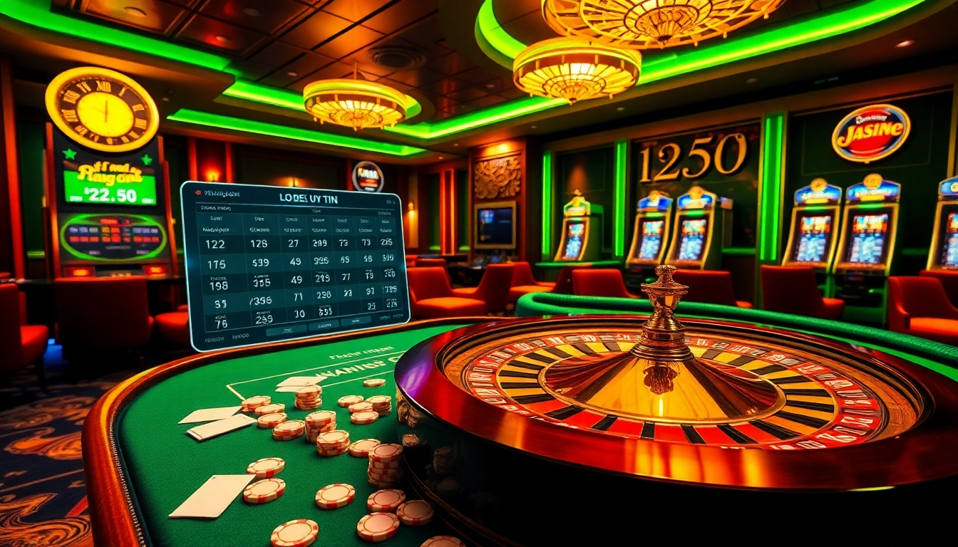 Players enjoying 'lo de uy tin' at a lively casino table, featuring poker chips and roulette wheel.