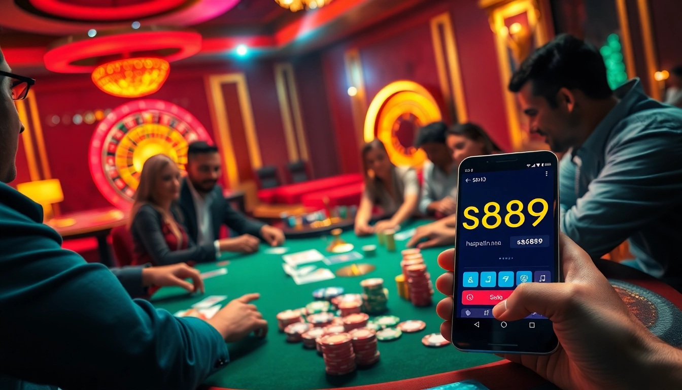 Casino excitement at https://s8889.in.net/ with poker players and a vibrant roulette wheel.