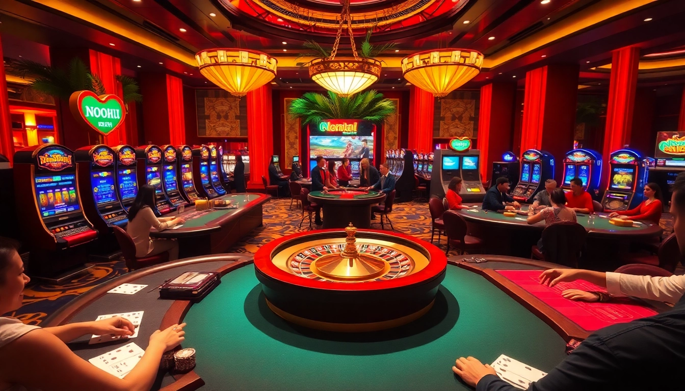Excited players at a luxury casino betting at a roulette wheel highlighting nohu-themed decor.