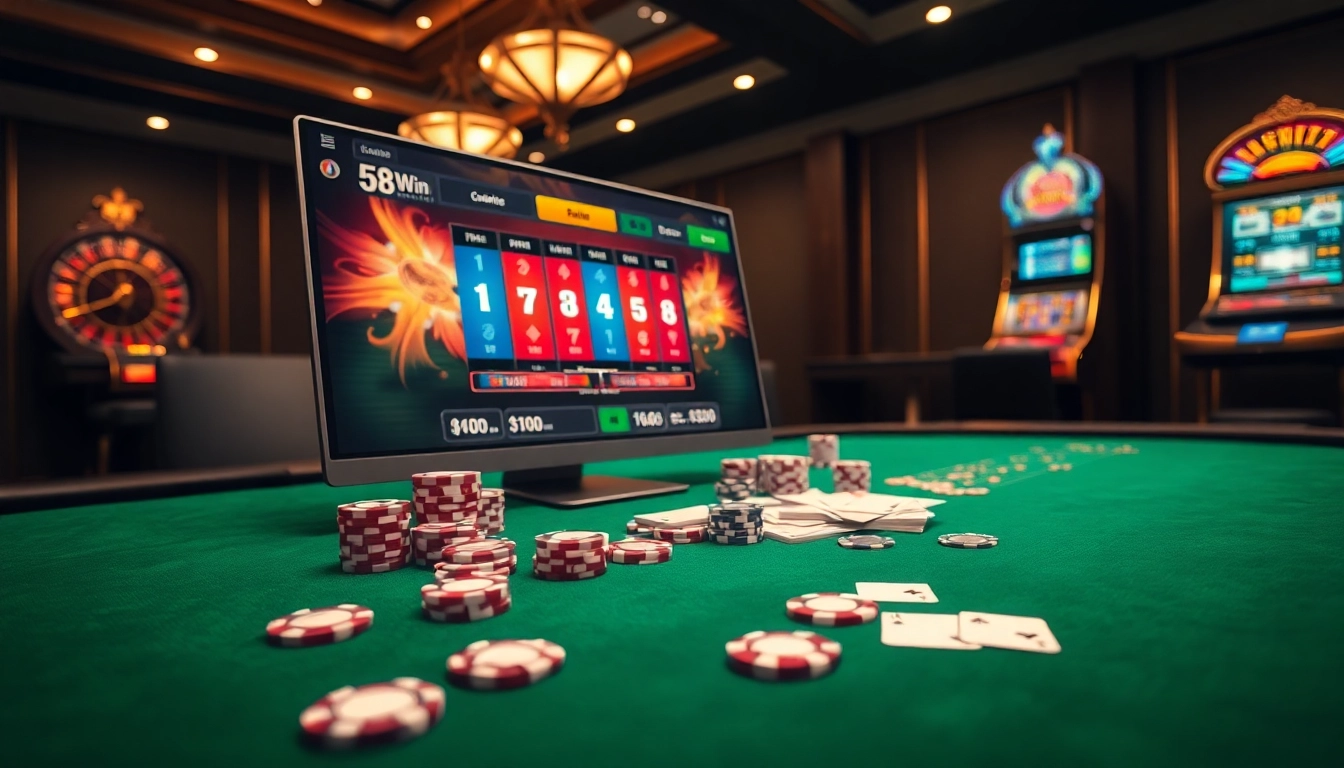 A visually captivating online gambling scene featuring 58WIN.surf logo with vibrant casino elements like poker chips and cards.