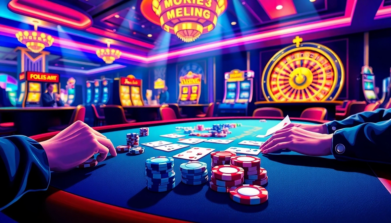 Experience the excitement of gambling at https://febet4.art/ with an engaging casino scene featuring poker and roulette tables.