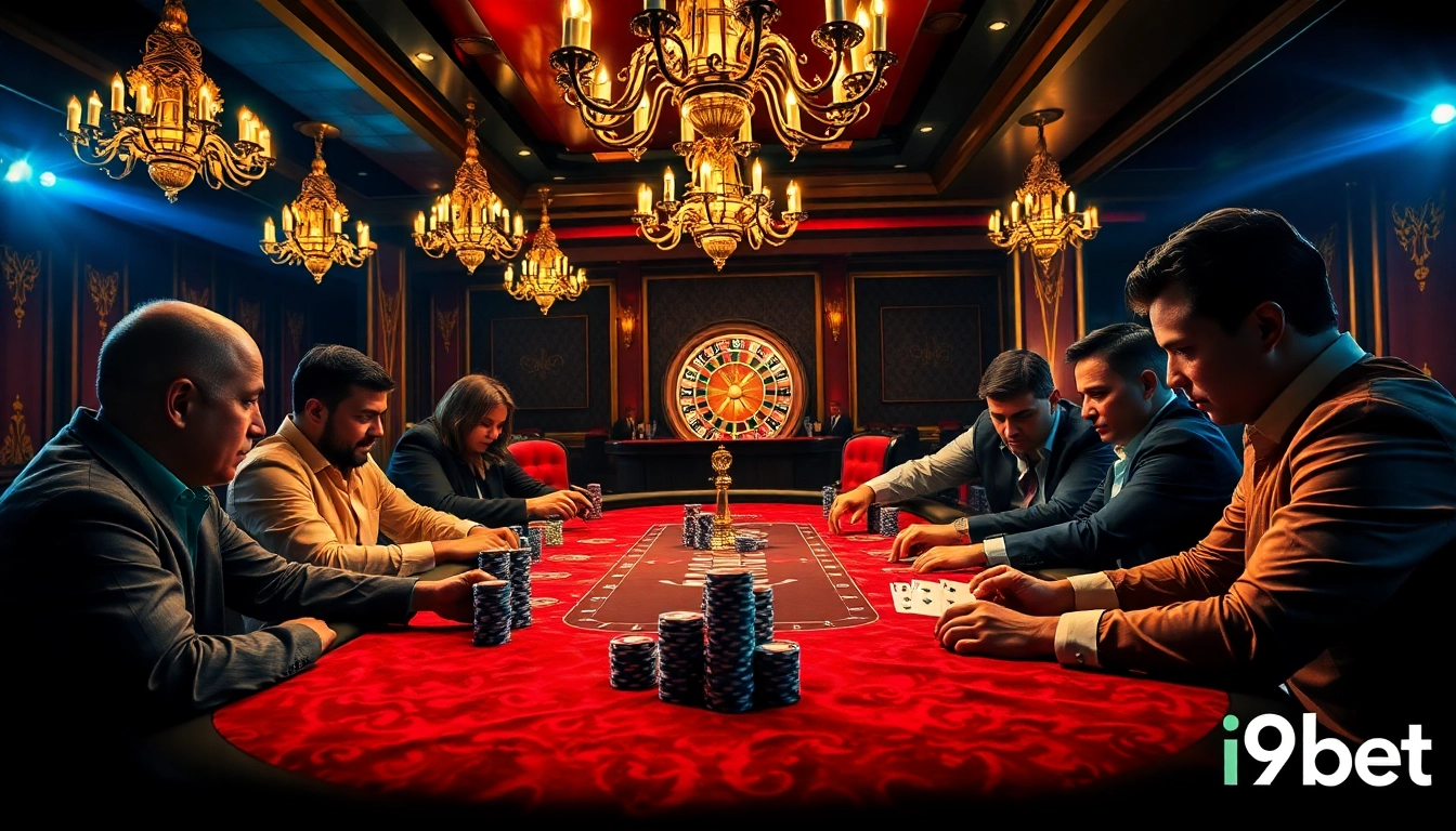 Engaging poker game scene representing đăng nhập i9bet at a luxury casino table.