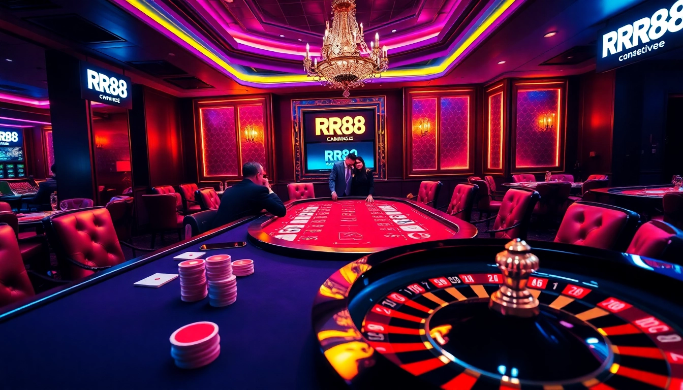 Experience the thrill of RR88 at a luxurious poker table in a vibrant casino setting.