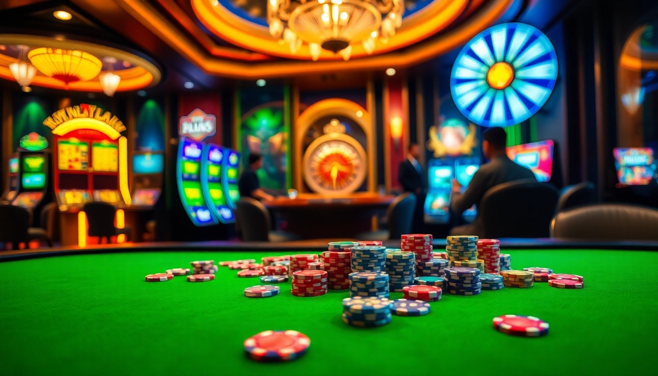 Engaged players enjoying RR88 casino games at a luxurious table surrounded by vibrant slot machines.