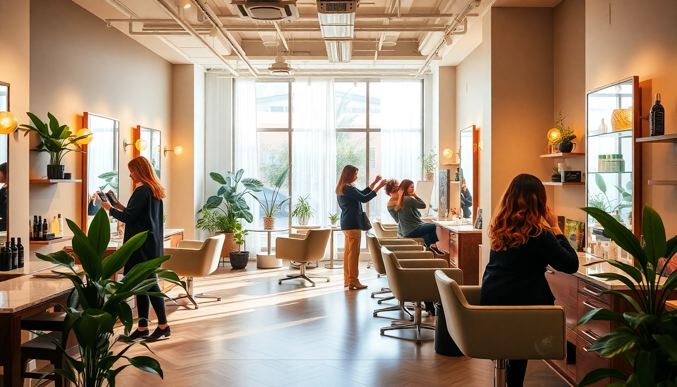 Omnia Salon interior highlighting professional hairstylists delivering vibrant services in a stylish, welcoming atmosphere.