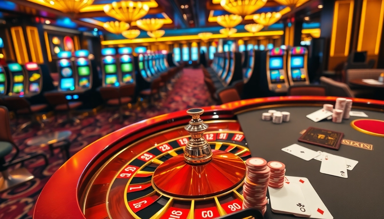 Engaging scene of luxury gaming at tin tức 68win with roulette and poker elements.