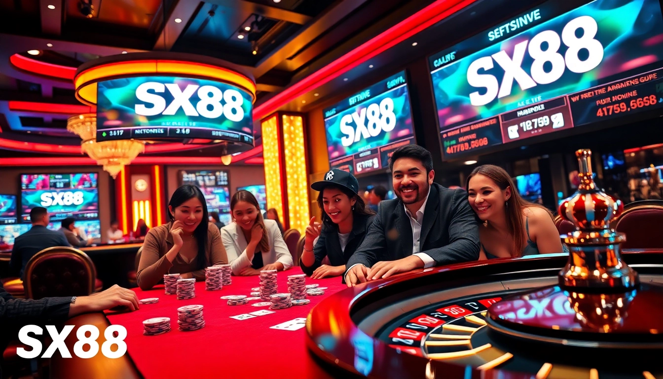 SX88 players engaging at a vibrant casino table, filled with poker chips and a roulette wheel, showcasing thrilling online gambling.
