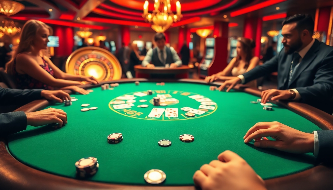 Excited players place bets at the UU88 casino gaming table in a vibrant atmosphere.