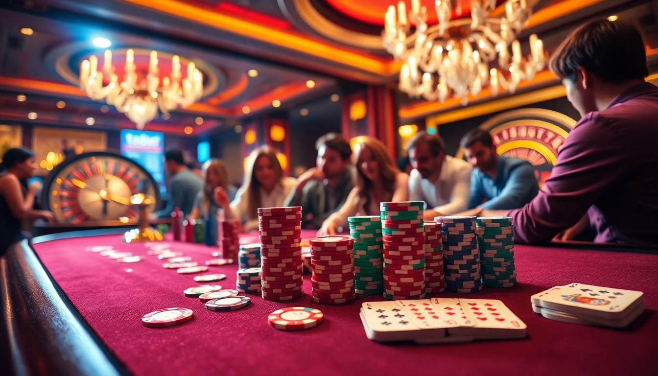 Engaged players at the ta88 poker table enjoying a vibrant casino atmosphere.