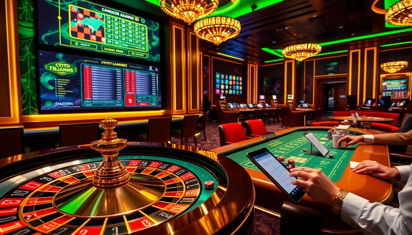 Exciting scene of players engaging at crypto online casinos with poker chips and a vibrant roulette wheel.