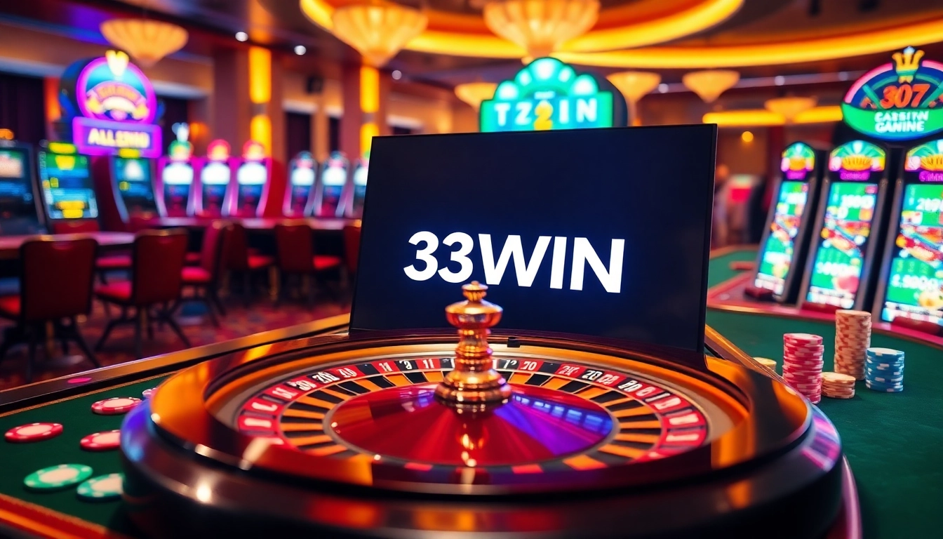 33WIN showcases an exciting casino ambiance with roulette and poker action.
