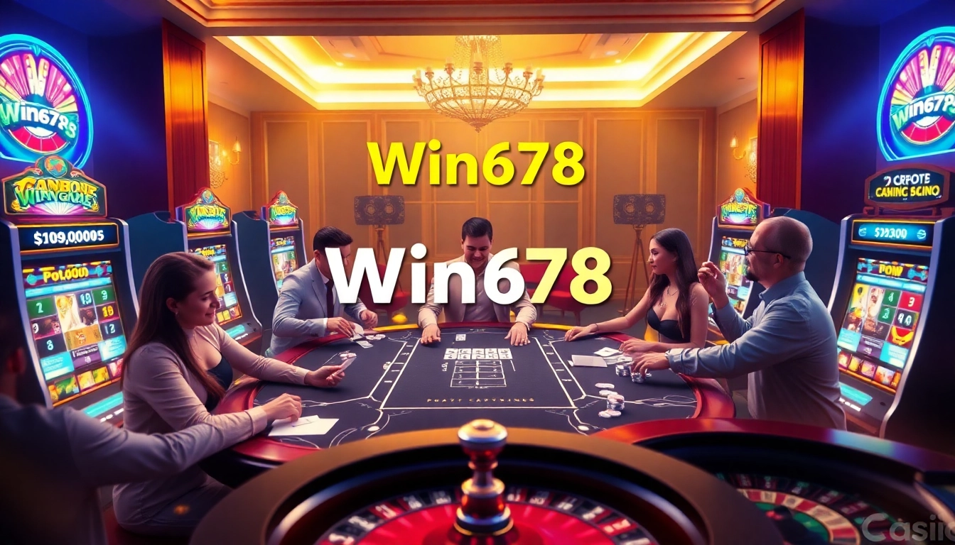 Win678 casino scene showcasing a lively poker game with players and vibrant slot machines.