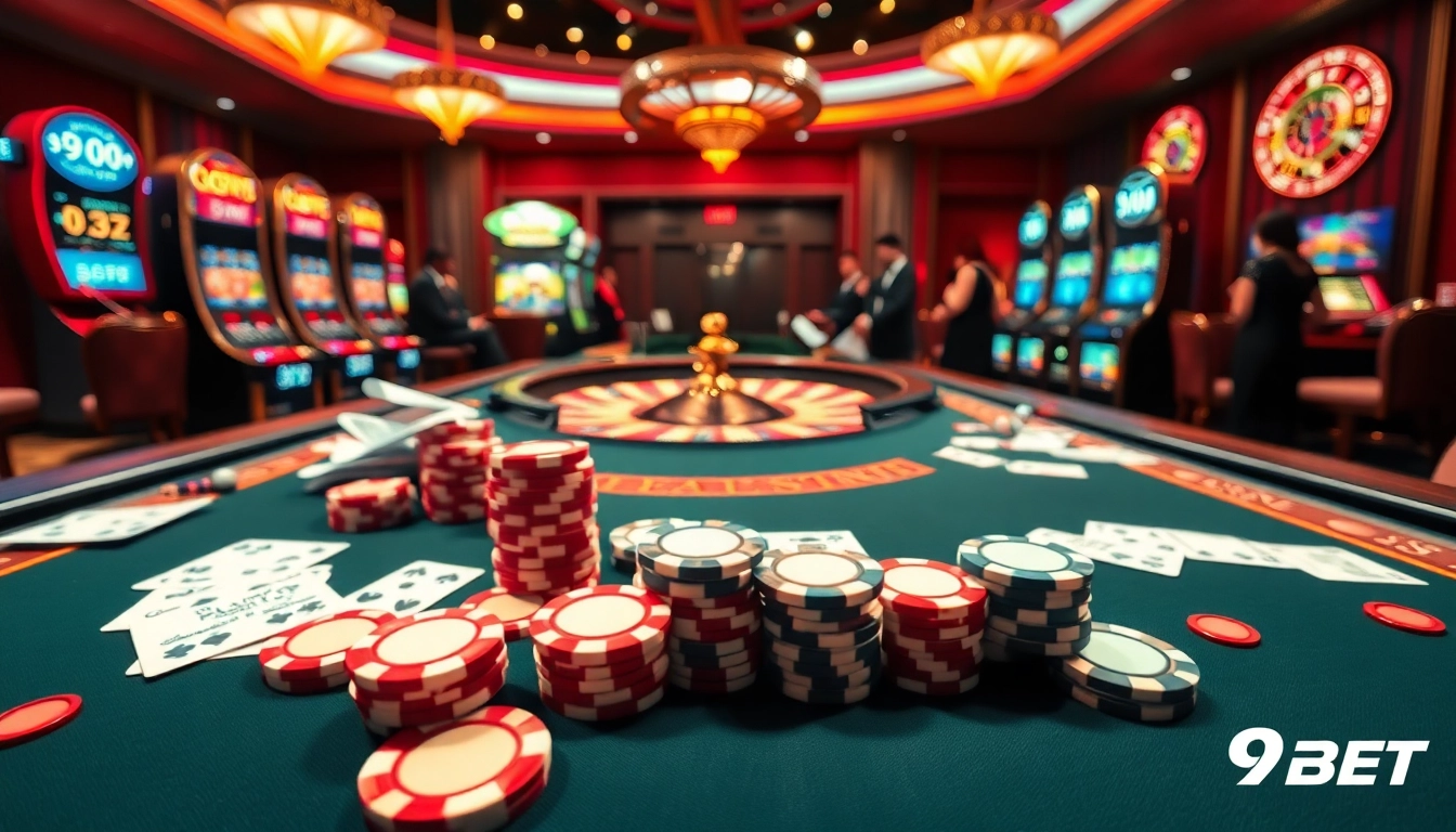 Experience excitement at a vibrant 9BET casino scene featuring poker chips and roulette.