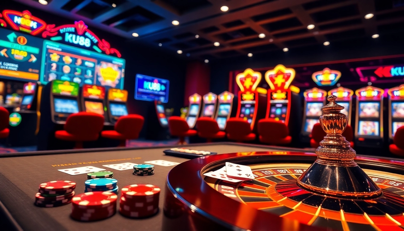 Experience thrilling gambling action at KU88 with casino tables, cards, and slot machines.