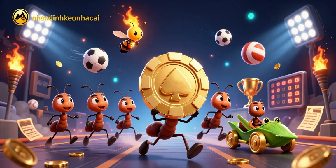 nhandinhkeonhacai ants bustling through a heist with a golden poker chip amidst vibrant sports elements