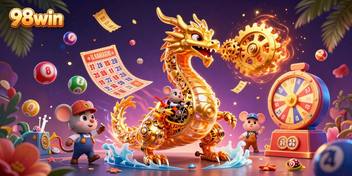 Engage in thrilling gameplay with 98win, featuring a stunning golden dragon amidst vibrant lottery elements.