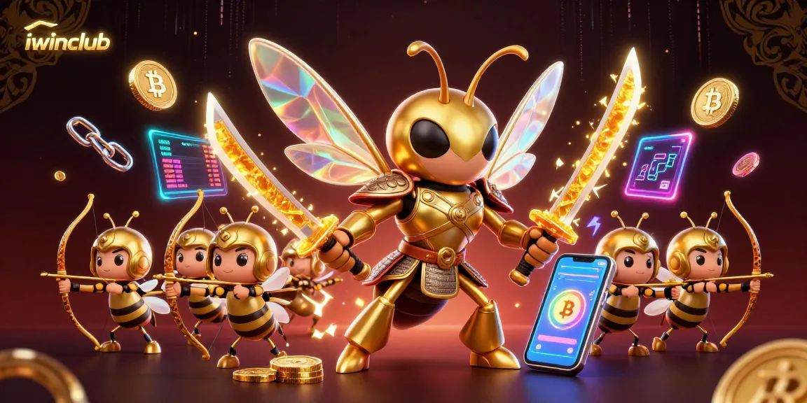 Play exciting games at iwinclub with a vibrant 3D casino scene featuring unique characters and crypto elements.