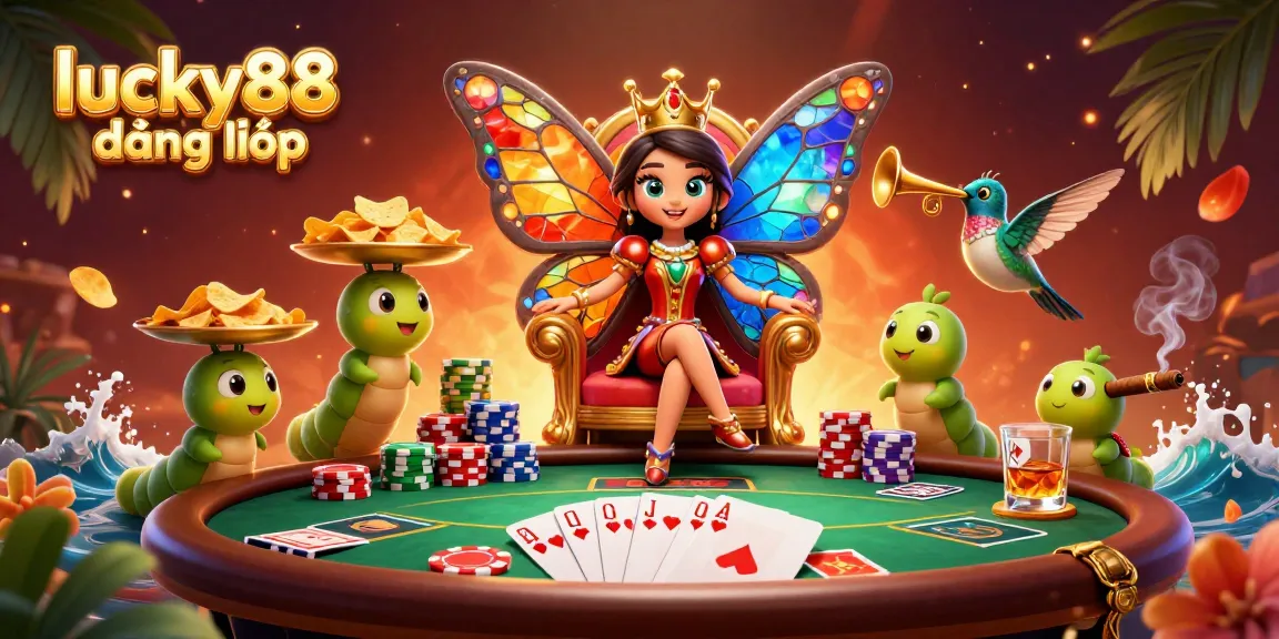 Engage with lucky88 đăng nhập through a vibrant 3D casino fantasy scene featuring a butterfly queen.